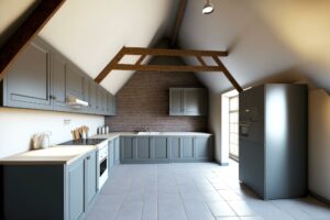 Landhaus L-Küche mintgrün Küchen mit Dachschräge